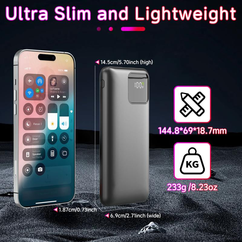Slim Travel Battery Pack 10000Mah, Portable Charger with Built-In Cables, 4 Outputs 2 Inputs, 22.5W Fast Charging for Iphone, Samsung, Google Pixel Power Bank Electronics Accessories