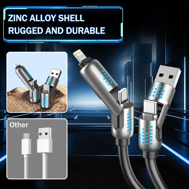 240W 4-In-1 USB-C Cable, PD 5A Fast Charging, Data Sync, USB-A, Type-C, Lightning, Aluminum, Compatible with Iphone 16/15, Ipad, Samsung, Laptops