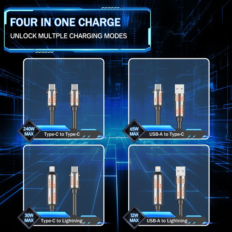 240W 4-In-1 USB-C Cable, PD 5A Fast Charging, Data Sync, USB-A, Type-C, Lightning, Aluminum, Compatible with Iphone 16/15, Ipad, Samsung, Laptops