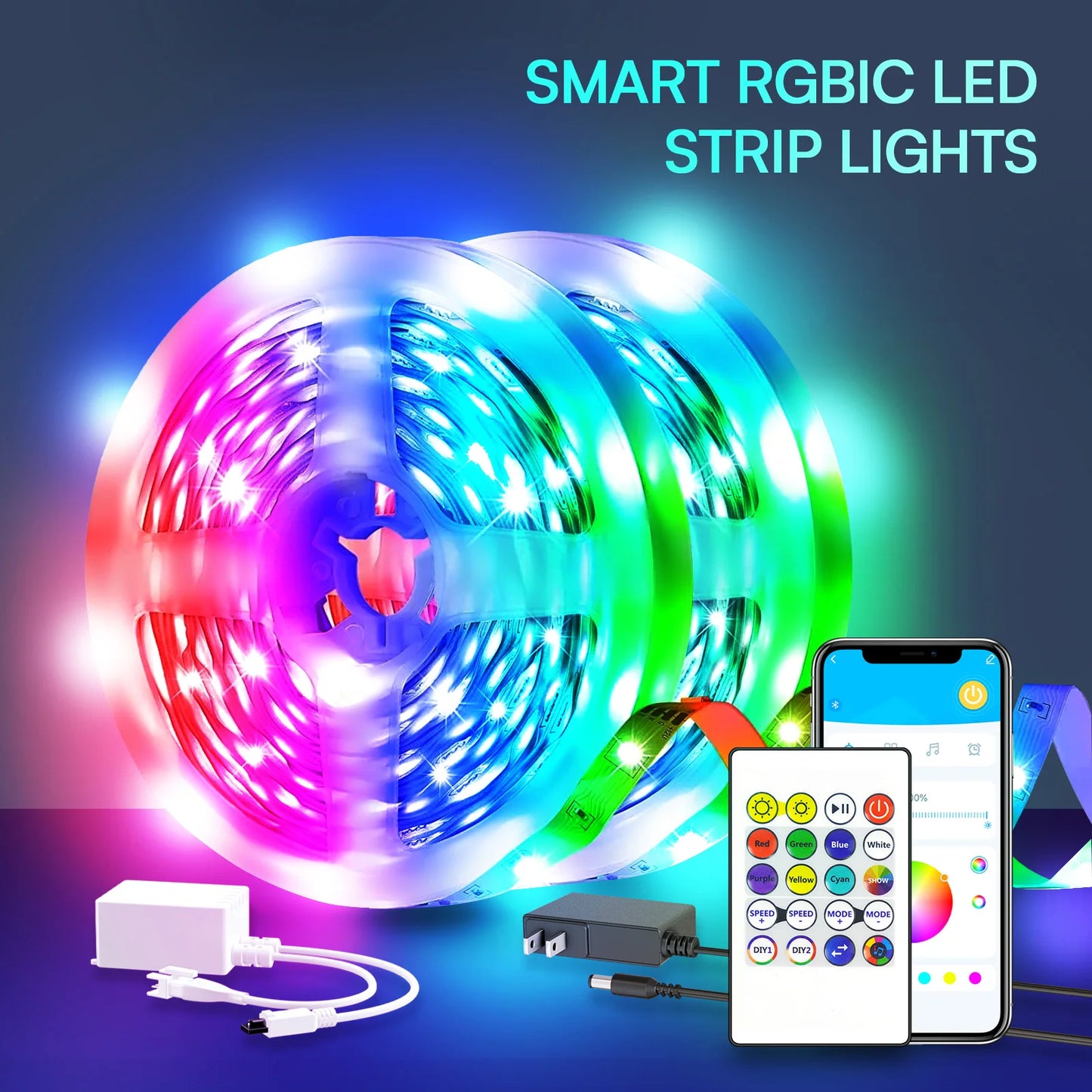 25/50/100/130Ft Smart LED Light Strip , Bedroom Color-Changing RGB Light Built-In Microphone Can Rhythm with Music, Su