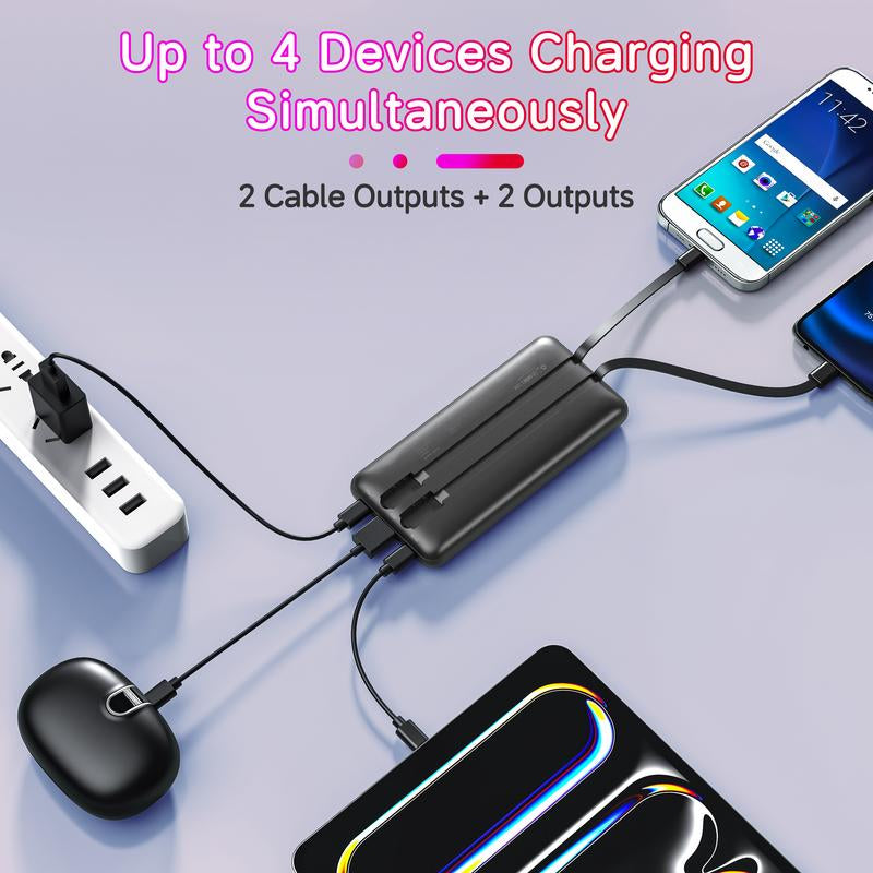 Slim Travel Battery Pack 10000Mah, Portable Charger with Built-In Cables, 4 Outputs 2 Inputs, 22.5W Fast Charging for Iphone, Samsung, Google Pixel Power Bank Electronics Accessories