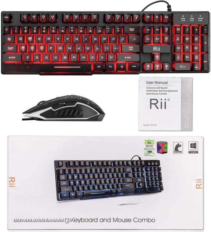 Gaming Keyboard and Mouse Set, 3-LED Backlit Mechanical Feel Business Office Keyboard, Colorful Breathing Backlit Mouse for Working or Primer Gaming, Office Device (RK108)