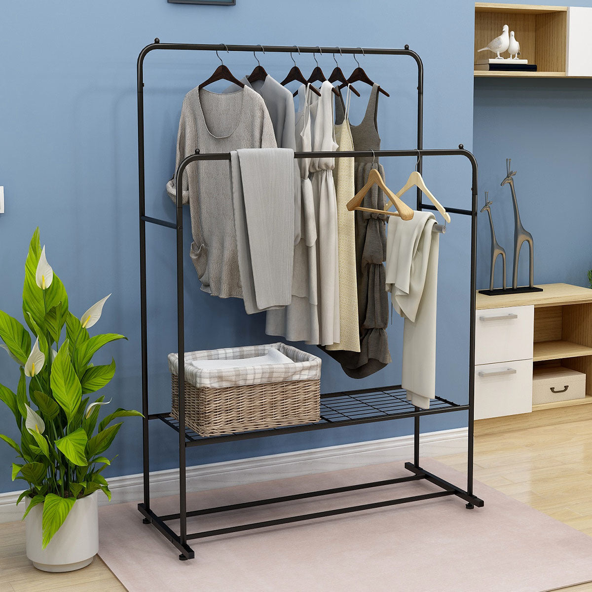 Freestanding Double Rods Clothing Garment Rack-2