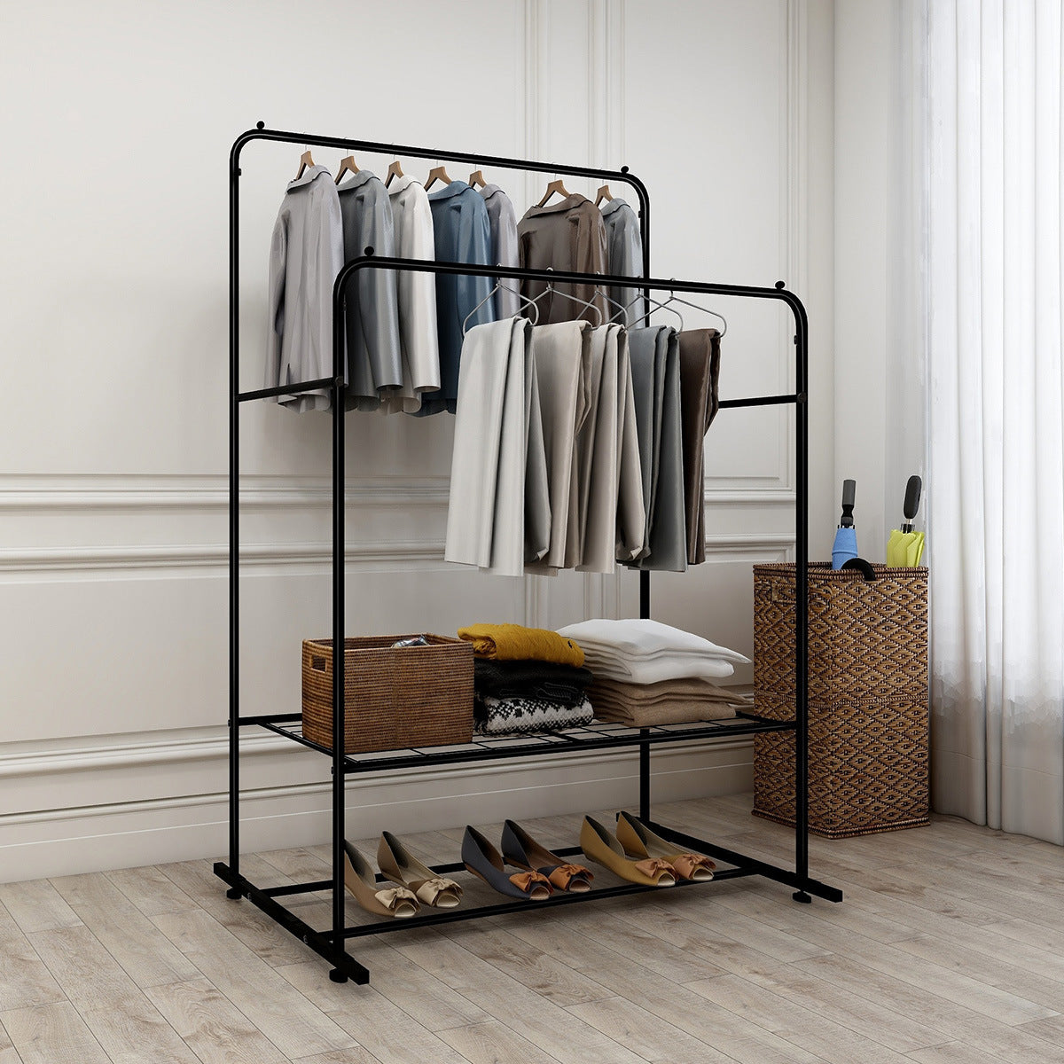 Freestanding Double Rods Clothing Garment Rack-4