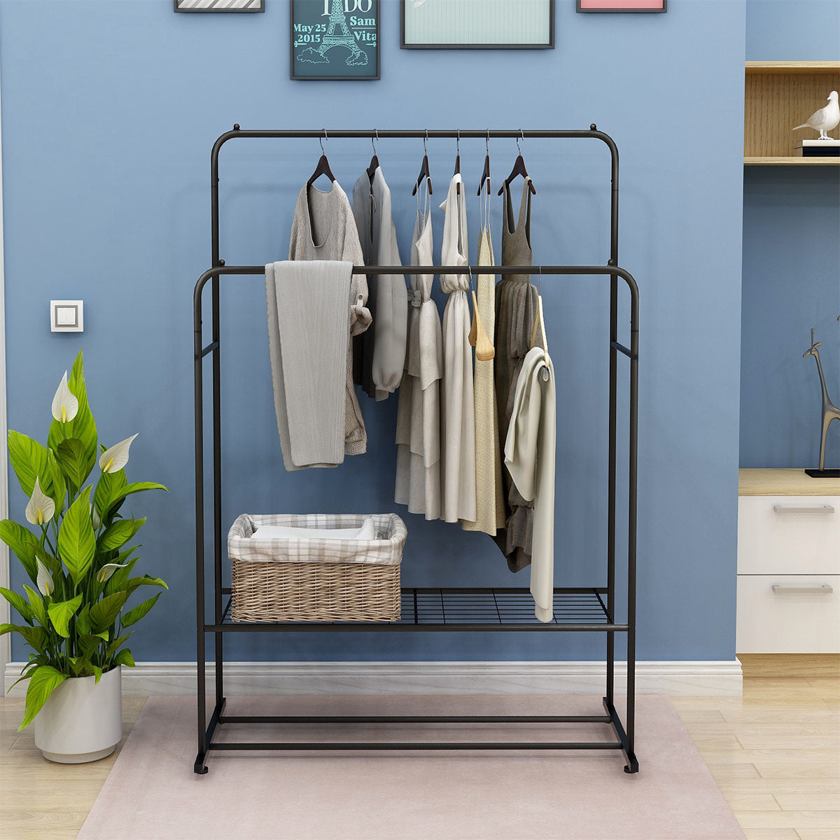Freestanding Double Rods Clothing Garment Rack-3