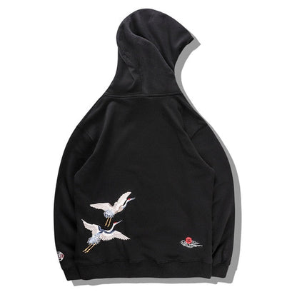 Japanese Crane Bird Embroidered Pullover Hooded Sweatshirts Hoodies Men Harajuku Hip Hop Hoodie Streetwear Tops-6
