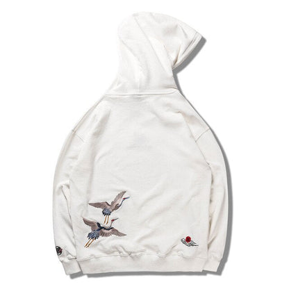 Japanese Crane Bird Embroidered Pullover Hooded Sweatshirts Hoodies Men Harajuku Hip Hop Hoodie Streetwear Tops-5