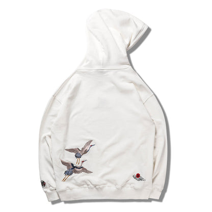 Japanese Crane Bird Embroidered Pullover Hooded Sweatshirts Hoodies Men Harajuku Hip Hop Hoodie Streetwear Tops-3