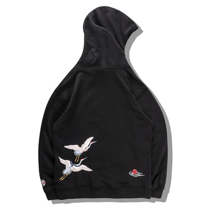 Japanese Crane Bird Embroidered Pullover Hooded Sweatshirts Hoodies Men Harajuku Hip Hop Hoodie Streetwear Tops-0